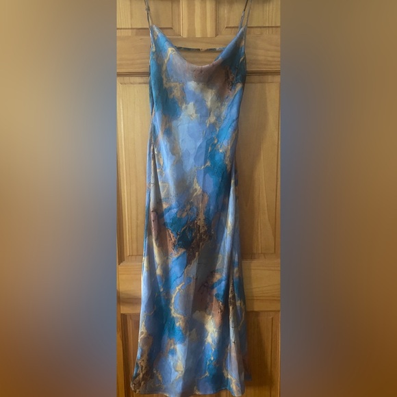 Micas Dresses & Skirts - Micas Marble Print Satin Slip Dress Blue Brown Cowl Neck Midi Size M